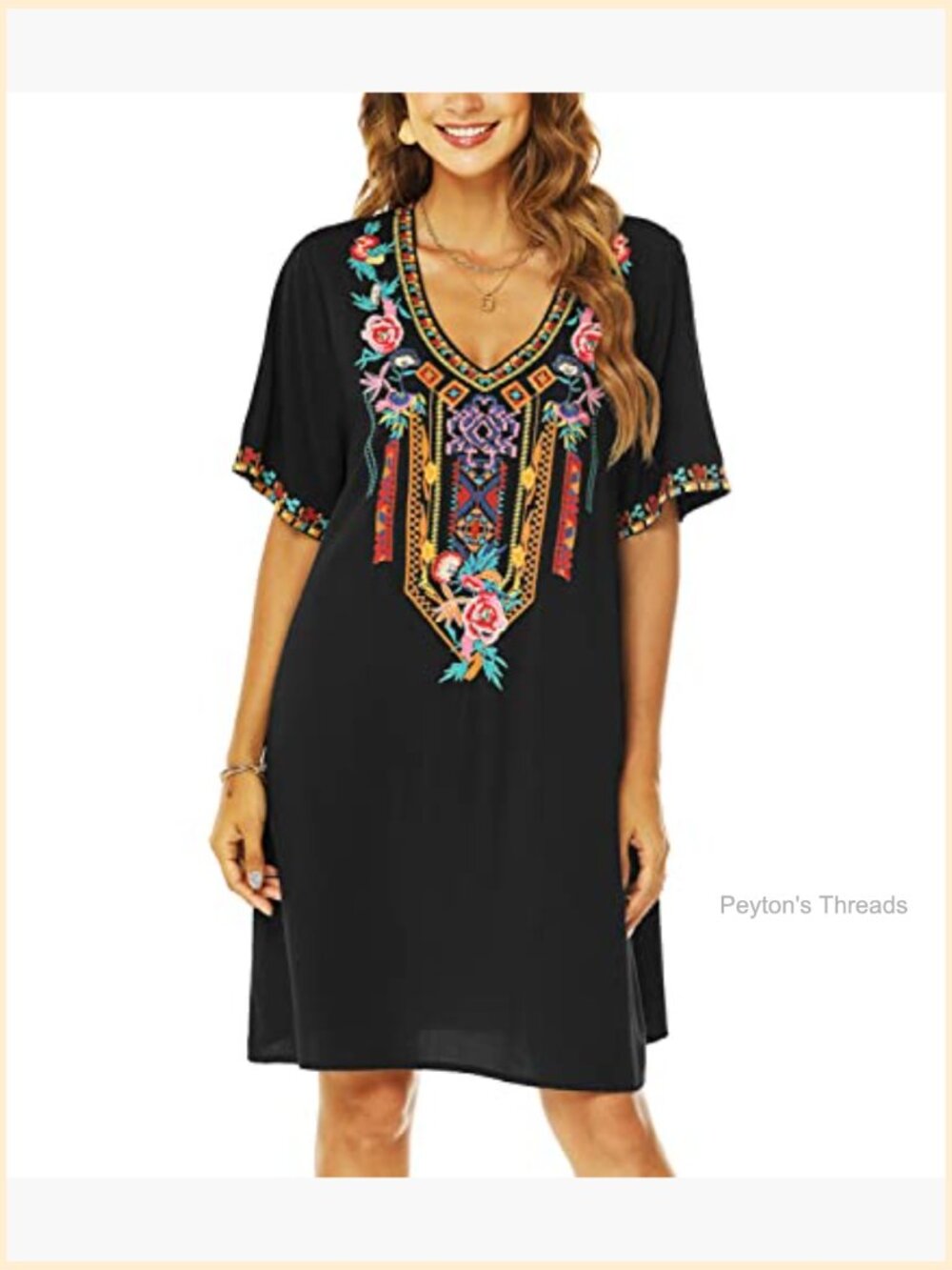 Boho Embroidered Dress V-Neck Short Sleeve Midi Dress Floral Embroidery - Picture 2 of 7